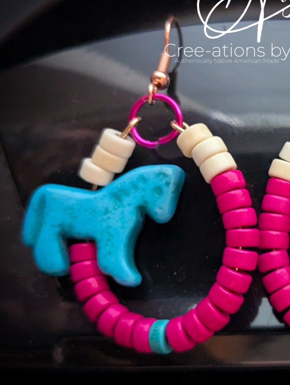 Adorable Native Pink and Turquoise Beaded Horse Fetish Hoop Earrings